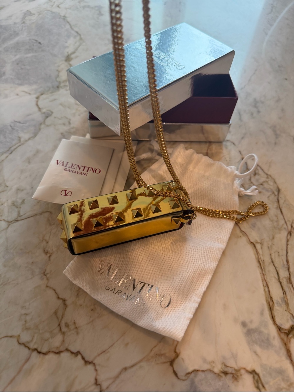Valentino Garavani Metallic Gold Mini lipstick Rockstud Crossbody